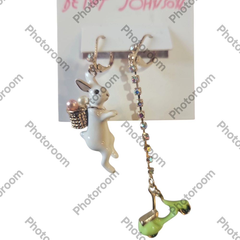 Betsey Johnson Gold Tone Enamel Bunny With Scoter Easter Mismatched Earrings